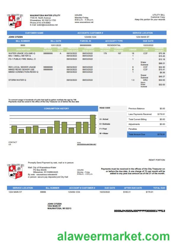USA Wawatosa Water Utility utility bill template in Word and PDF format